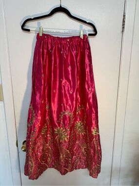 Embroidered Satin Midi Skirt in Hot Pink with Gold Accents